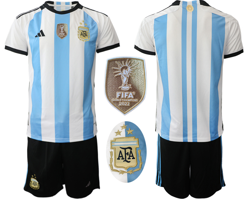 Men's Argentina Custom White/Blue 2022 FIFA World Cup Final Winners Edition 3 Stars Home Soccer Jersey Suit