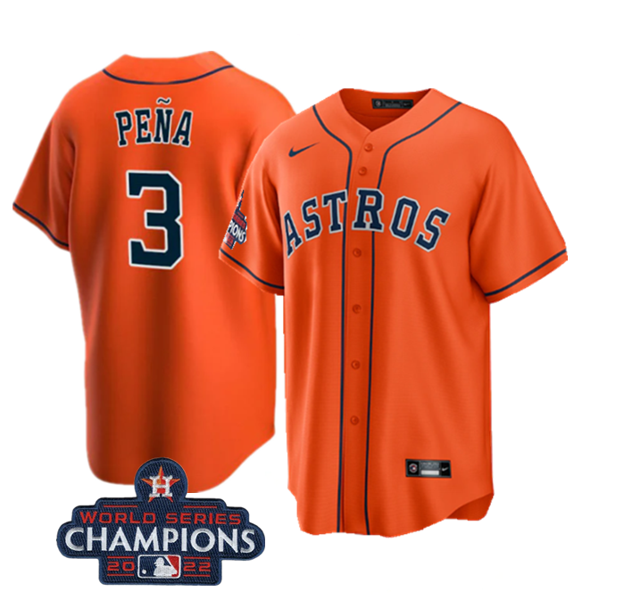 Men's Houston Astros #3 Jeremy Peña Orange 2022 World Series Champions Cool Base Stitched Baseball Jersey