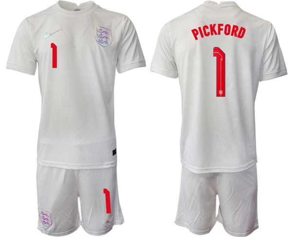 Men's England #1 Pickford White Home Soccer Jersey Suit