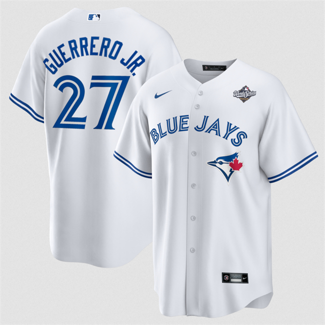 Men's Toronto Blue Jays #27 Vladimir Guerrero Jr. White 2025 World Series Home Cool Base Stitched Baseball Jersey