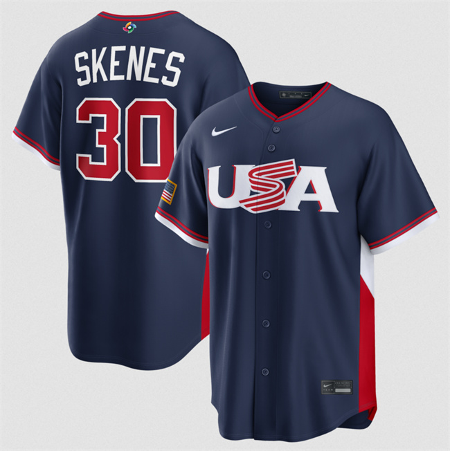Men's USA Baseball #30 Paul Skenes Navy 2026 World Baseball Classic Road Stadium Stitched Jersey