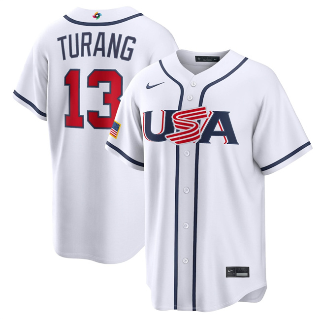 Men's USA Baseball #13 Brice Turang White 2026 World Baseball Classic Home Stadium Stitched Jersey