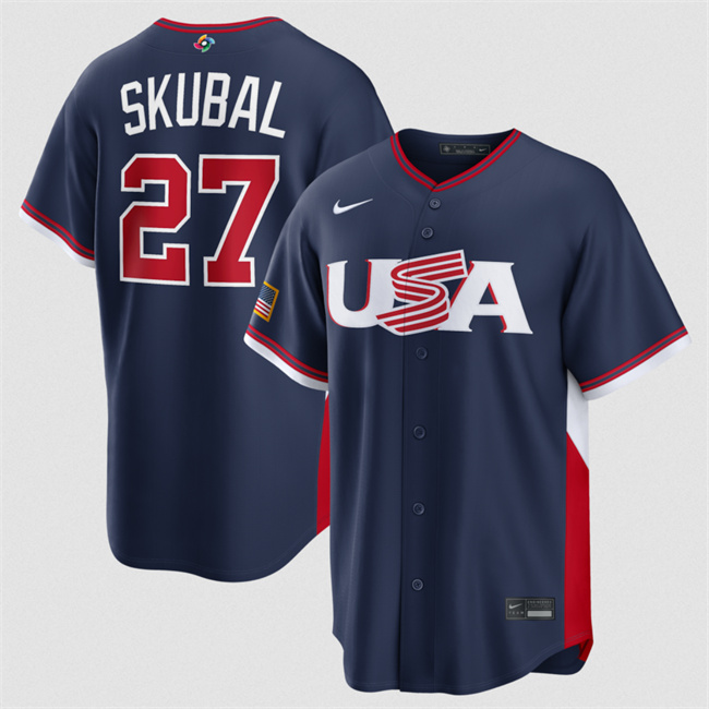 Men's USA Baseball #27 Tarik Skubal Navy 2026 World Baseball Classic Road Stadium Stitched Jersey