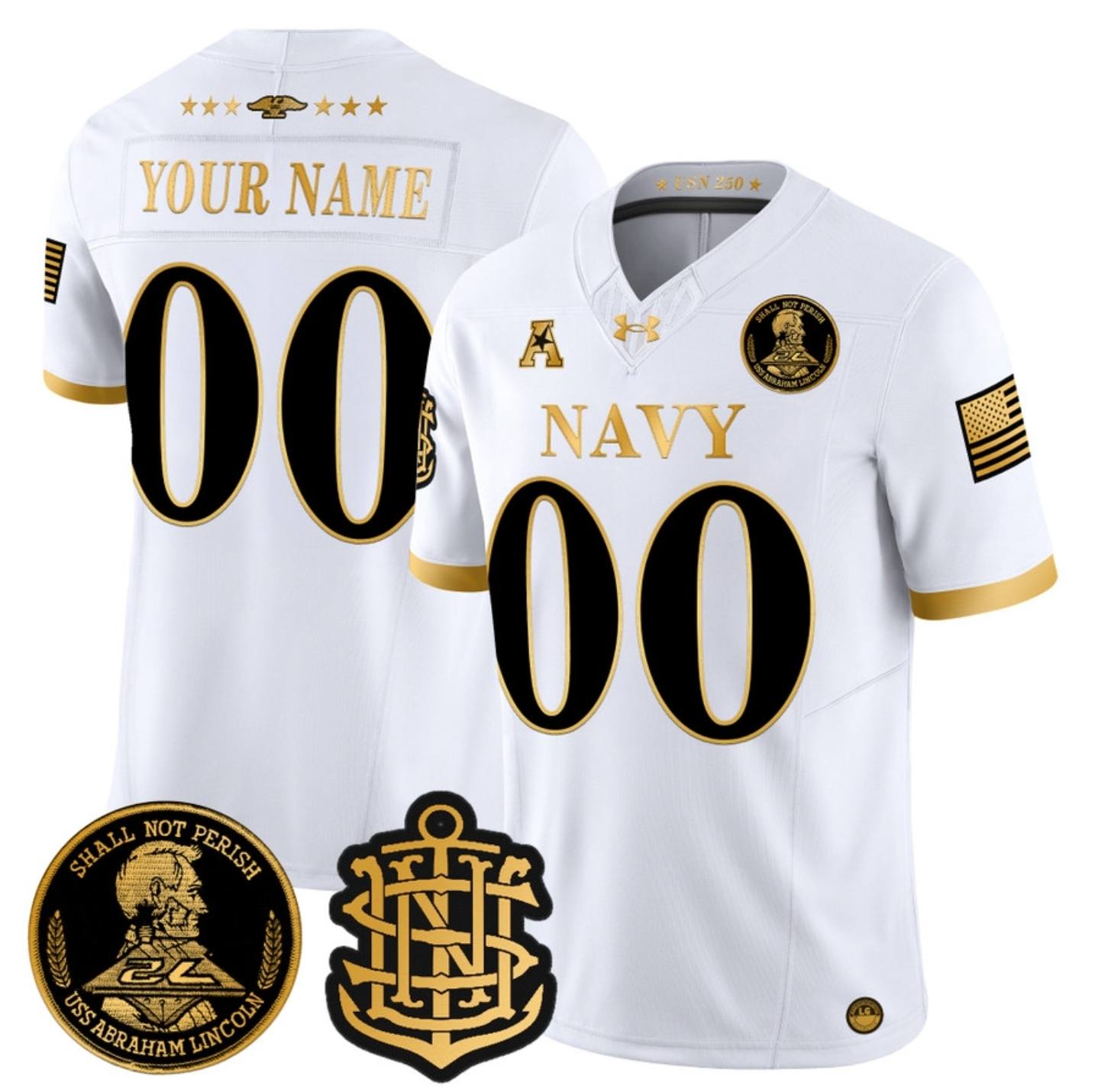 Men's Navy Midshipmen Active Player Custom White/Gold 2024 F.U.S.E. Champions Patch And USS Patch Stitched Football Jersey