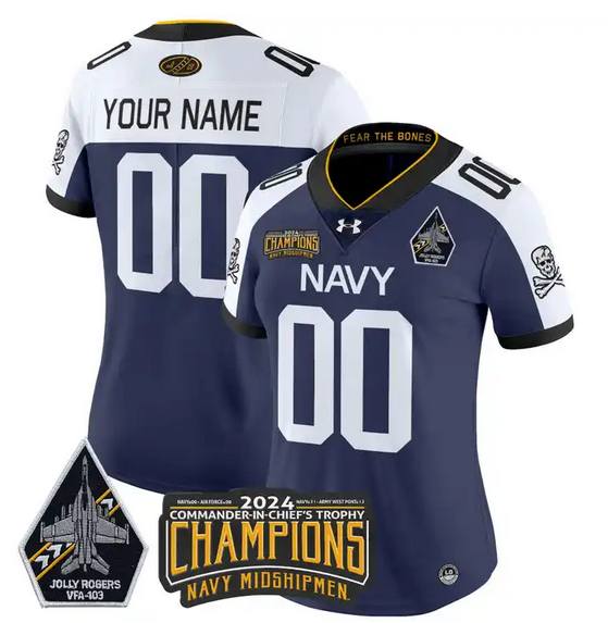 Women's Navy Midshipmen Active Player Custom Navy/White  2024 Champions Patch And Jolly Rogers VFA-103 Horvath Patch Stitched Football Jersey
