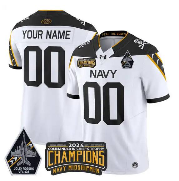 Men's Navy Midshipmen Active Player Custom White/Black 2024 F.U.S.E. Champions Patch And Jolly Rogers VFA-103 Horvath Patch Stitched Football Jersey