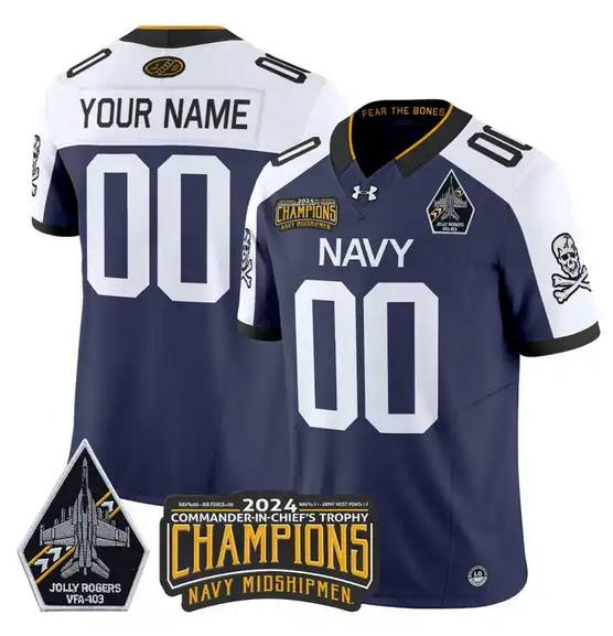 Men's Navy Midshipmen Active Player Custom Navy/White 2024 F.U.S.E. Champions Patch And Jolly Rogers VFA-103 Horvath Patch Stitched Football Jersey