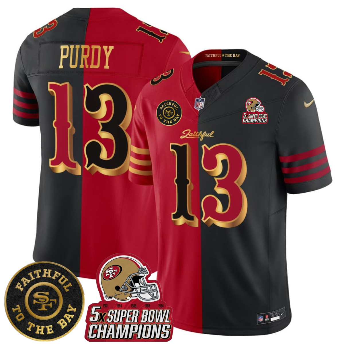 Men's San Francisco 49ers Active Player Custom Black/Red Split F.U.S.E. Faithful To The Bay Patch And 5x Super Bowl Champions Patch Vapor Limited Stitched Football Jersey
