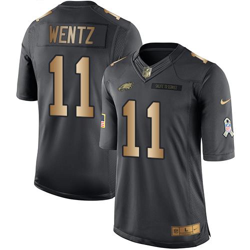 Nike Eagles #11 Carson Wentz Black Men's Stitched NFL Limited Gold Salute To Service Jersey