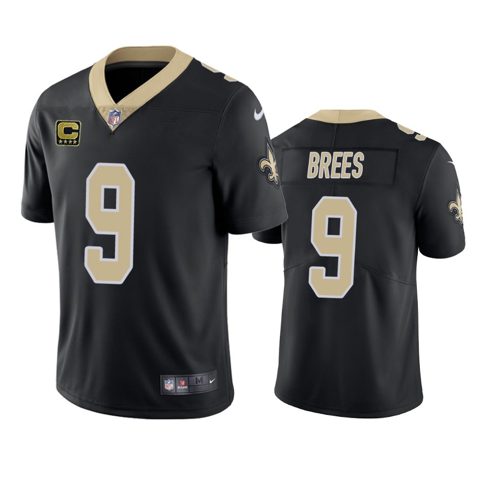 Men's New Orleans Saints #9 Drew Brees Black With C Patch Stitched NFL Jersey