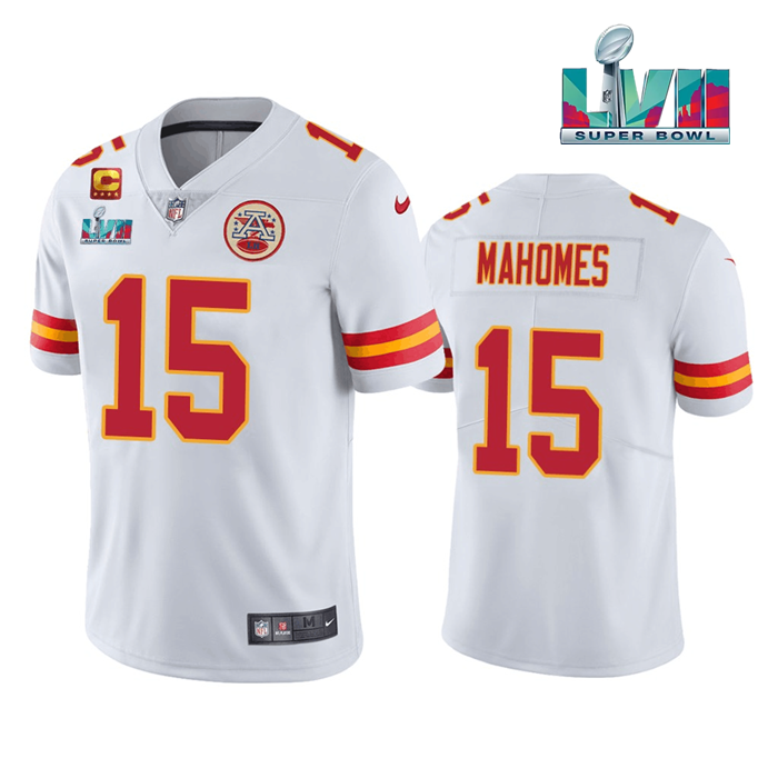 Men’s Kansas City Chiefs #15 Patrick Mahomes White Super Bowl LVII Patch And 4-star C Patch Vapor Untouchable Limited Stitched Jersey
