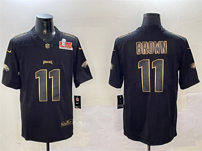 Men's Philadelphia Eagles #11 A. J. Brown Black/Gold 2025 Super Bowl LIX Patch Vapor Untouchable Limited Stitched Football Jersey