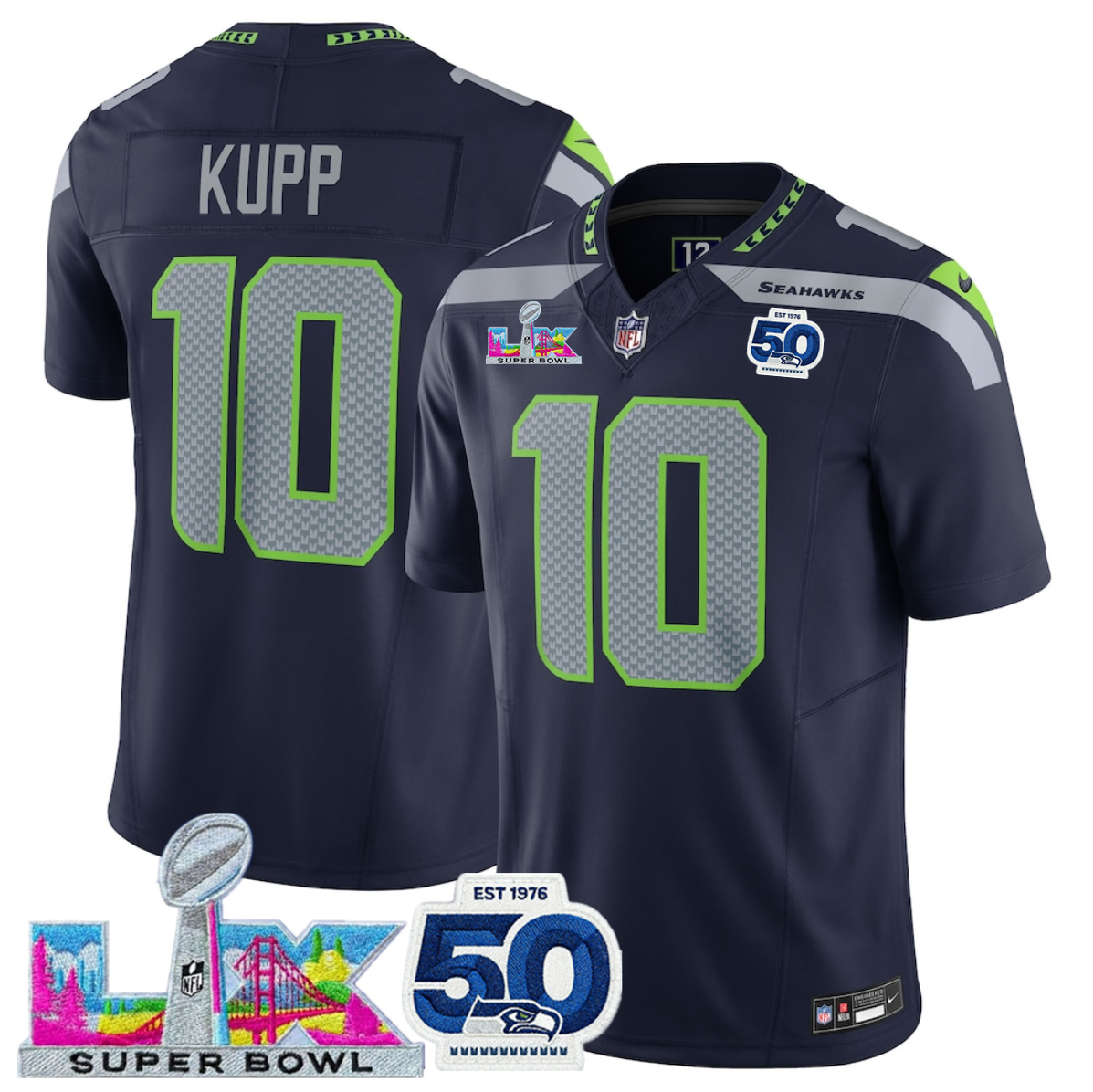 Women's Seattle Seahawks #10 Cooper Kupp Navy 2025 F.U.S.E. Super Bowl LX Patch And 50th Season Patch Vapor Limited Stitched Football Jersey(Run Small)