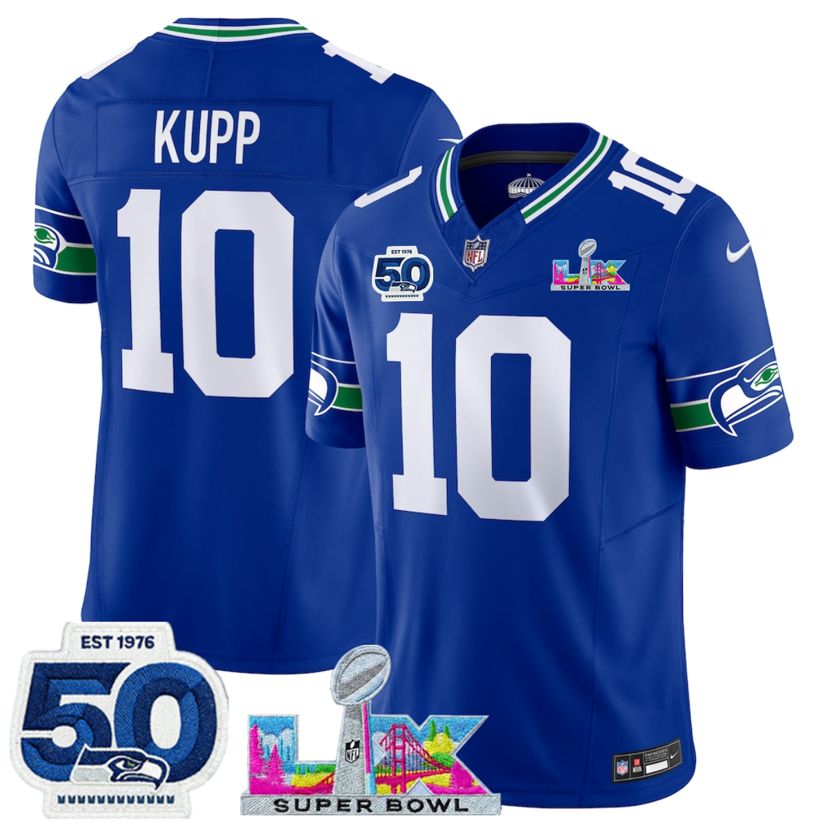 Women's Seattle Seahawks #10 Cooper Kupp Royal 2025 F.U.S.E. Super Bowl LX Patch And 50th Season Patch Vapor Throwback Limited Stitched Football Jersey(Run Small)