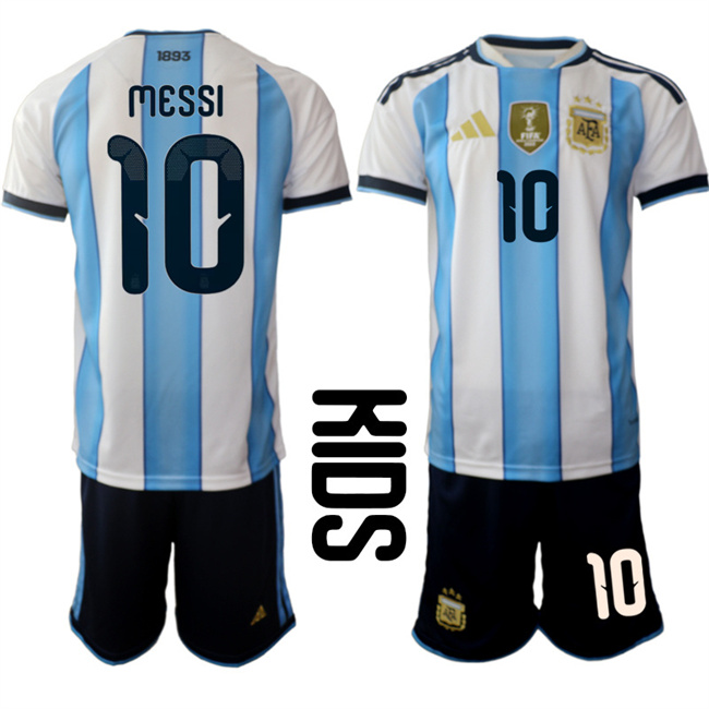 Youth Argentina #10 Lionel Messi White/Blue 2025-26 Home Soccer Jersey Suit