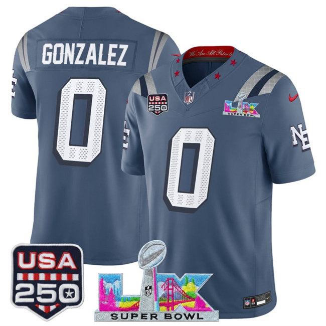Youth New England Patriots #0 Christian Gonzalez Storm Blue 2025 F.U.S.E. Super Bowl LX & USA 250' Patch “Rivalries” Vapor Limited Stitched Football Jersey