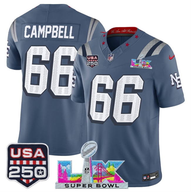 Youth New England Patriots #66 Will Campbell Storm Blue 2025 F.U.S.E. Super Bowl LX & USA 250' Patch “Rivalries” Vapor Limited Stitched Football Jersey
