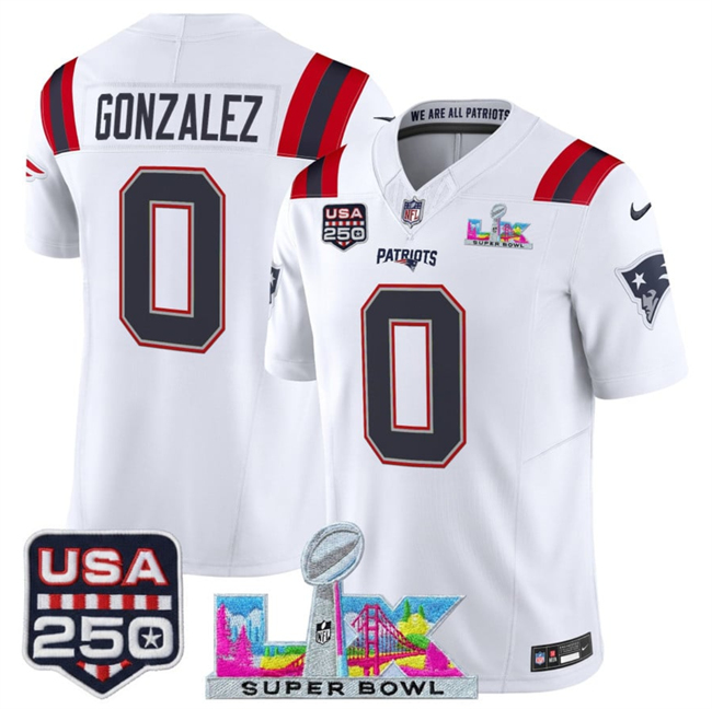 Youth New England Patriots #0 Christian Gonzalez White 2025 F.U.S.E. Super Bowl LX Patch And USA 250' Patch Vapor Limited Stitched Football Jersey