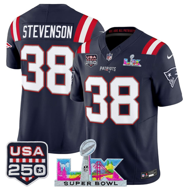 Youth New England Patriots #38 Rhamondre Stevenson Navy 2025 F.U.S.E. Super Bowl LX Patch And USA 250' Patch Vapor Limited Stitched Football Jersey
