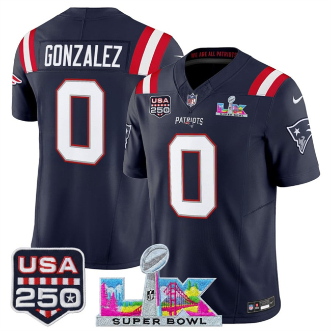 Youth New England Patriots #0 Christian Gonzalez Navy 2025 F.U.S.E. Super Bowl LX Patch And USA 250' Patch Vapor Limited Stitched Football Jersey