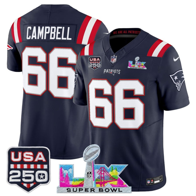 Youth New England Patriots #66 Will Campbell Navy 2025 F.U.S.E. Super Bowl LX Patch And USA 250' Patch Vapor Limited Stitched Football Jersey