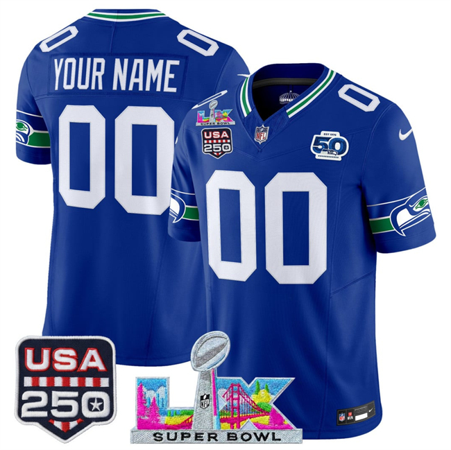 Youth Seattle Seahawks Active Player Custom Royal 2025 F.U.S.E. Super Bowl LX & US 250th anniversary Patch And 50th Season Patch Vapor Throwback Limited Stitched Football Jersey