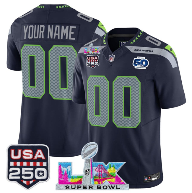 Youth Seattle Seahawks Active Player Custom Navy 2025 F.U.S.E. Super Bowl LX Patch 50th Season & USA 250' Patch Vapor Limited Stitched Football Jersey