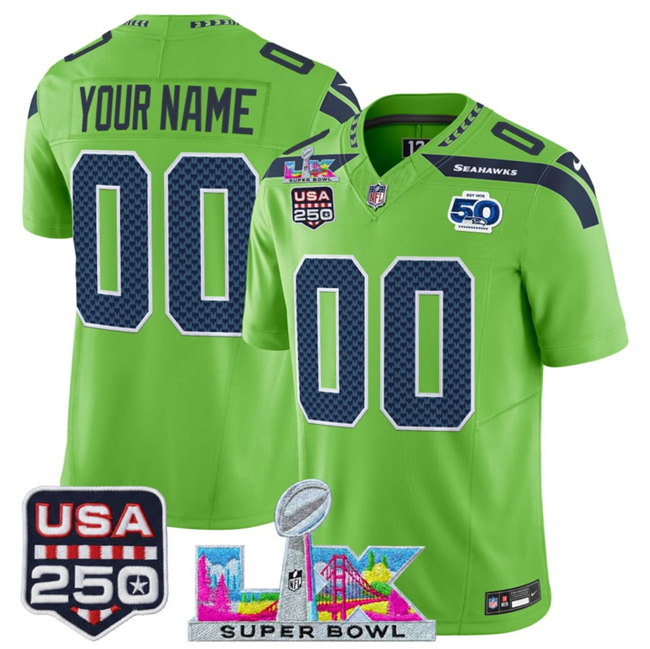Youth Seattle Seahawks Active Player Custom Green 2025 F.U.S.E. Super Bowl LX & US 250th anniversary Patch And 50th Season Patch Vapor Limited Stitched Football Jersey