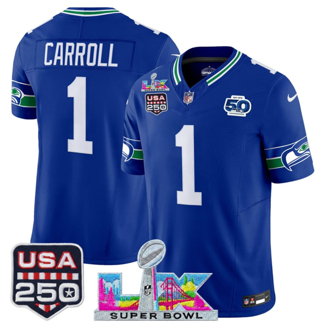 Youth Seattle Seahawks #1 Pete Carroll Royal 2025 F.U.S.E. Super Bowl LX Patch And 50th Season & USA 250' Patch Vapor Throwback Limited Stitched Football Jersey