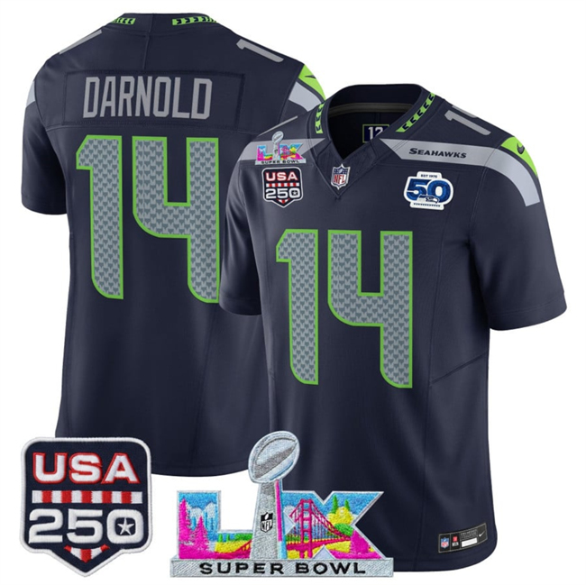 Youth Seattle Seahawks #14 Sam Darnold Navy 2025 F.U.S.E. Super Bowl LX Patch And 50th Season & USA 250' Patch Vapor Limited Stitched Football Jersey
