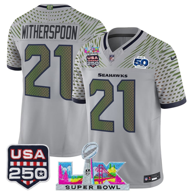 Youth Seattle Seahawks #21 Devon Witherspoon Gray 2025 F.U.S.E. Super Bowl LX & US 250th anniversary Patch And 50th Season Patch “Rivalries” Vapor Limited Stitched Football Jersey