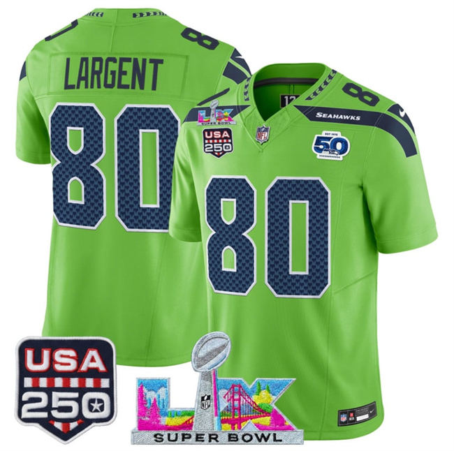 Youth Seattle Seahawks #80 Steve Largent Green 2025 F.U.S.E. Super Bowl LX Patch And 50th Season & USA 250' Patch Vapor Limited Stitched Football Jersey