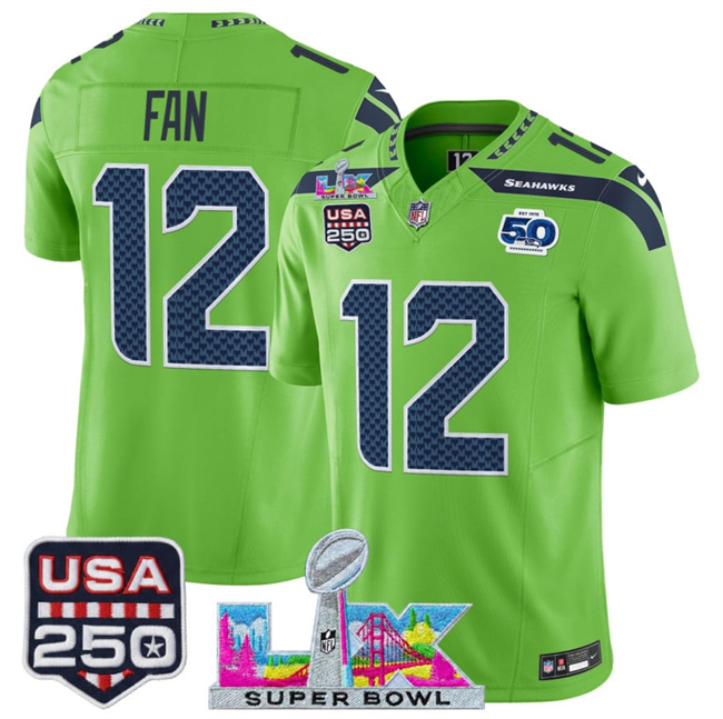 Youth Seattle Seahawks #12 Fan Green 2025 F.U.S.E. Super Bowl LX Patch And 50th Season & USA 250' Patch Vapor Limited Stitched Football Jersey