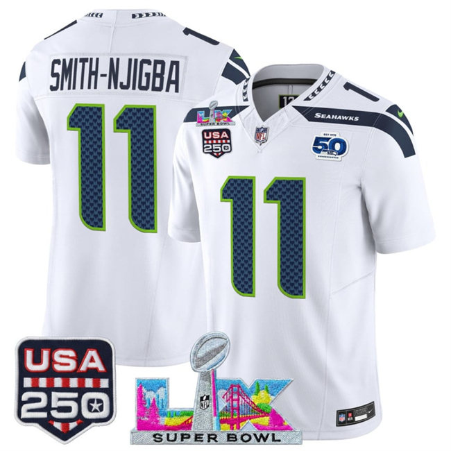 Youth Seattle Seahawks #11 Jaxon Smith-Njigba White 2025 F.U.S.E. Super Bowl LX Patch And 50th Season & USA 250' Patch Vapor Limited Stitched Football Jersey
