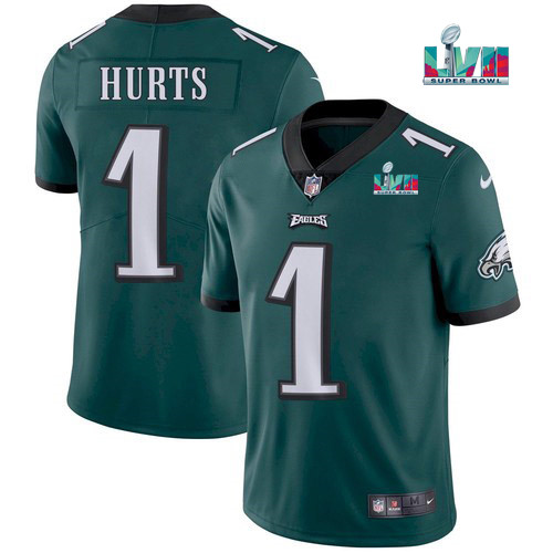 Youth Philadelphia Eagles #1 Jalen Hurts Green Super Bowl LVII Patch Vapor Untouchable Limited Stitched Football Jersey